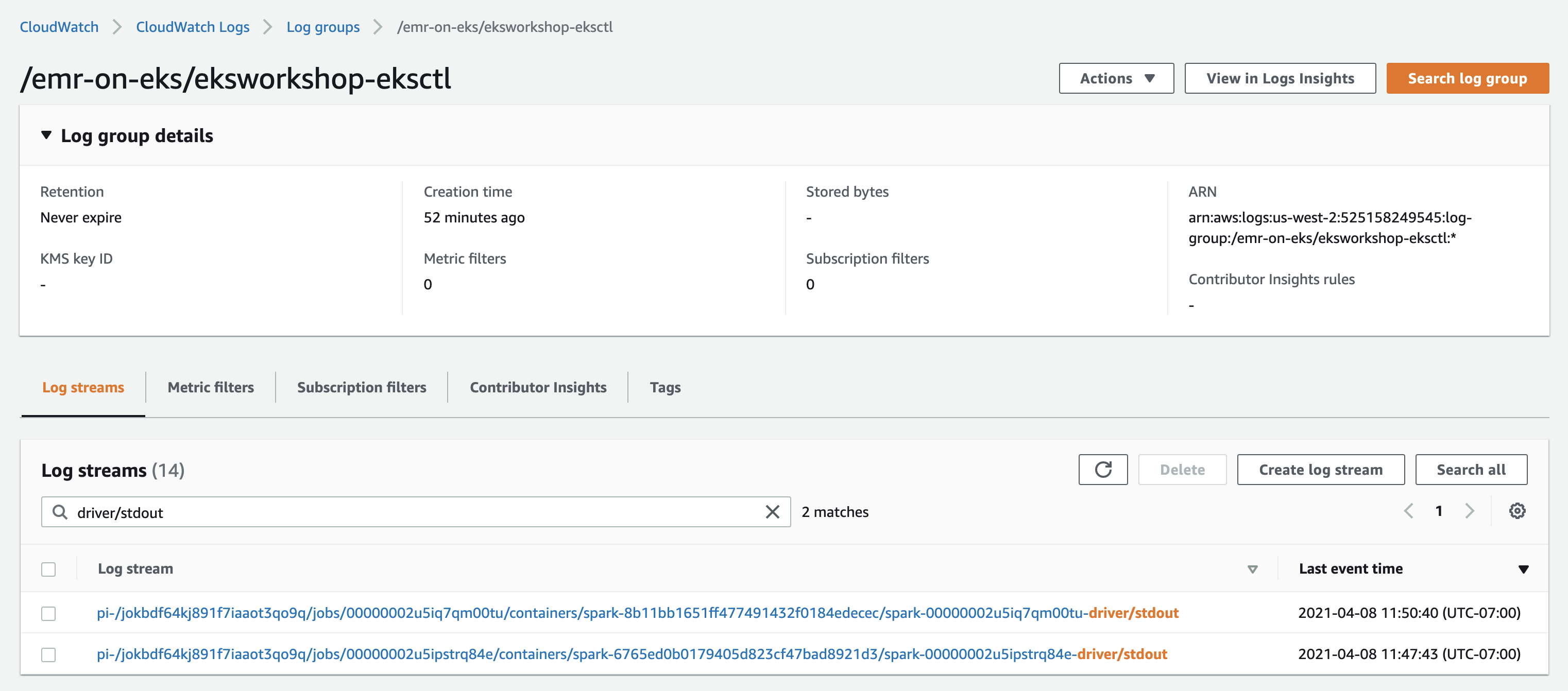 EMR on EKS cloudwatch logs