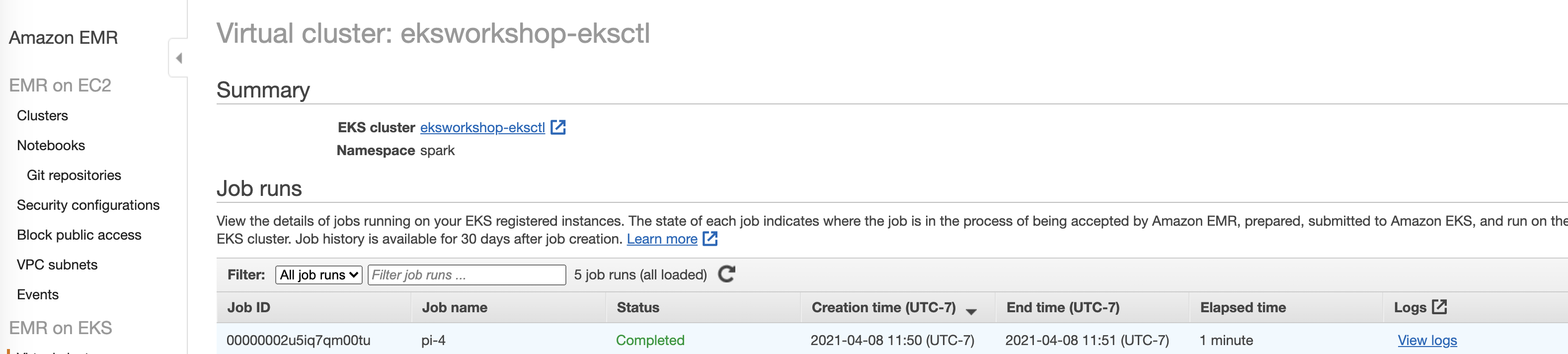 EMR on EKS cloudwatch logs