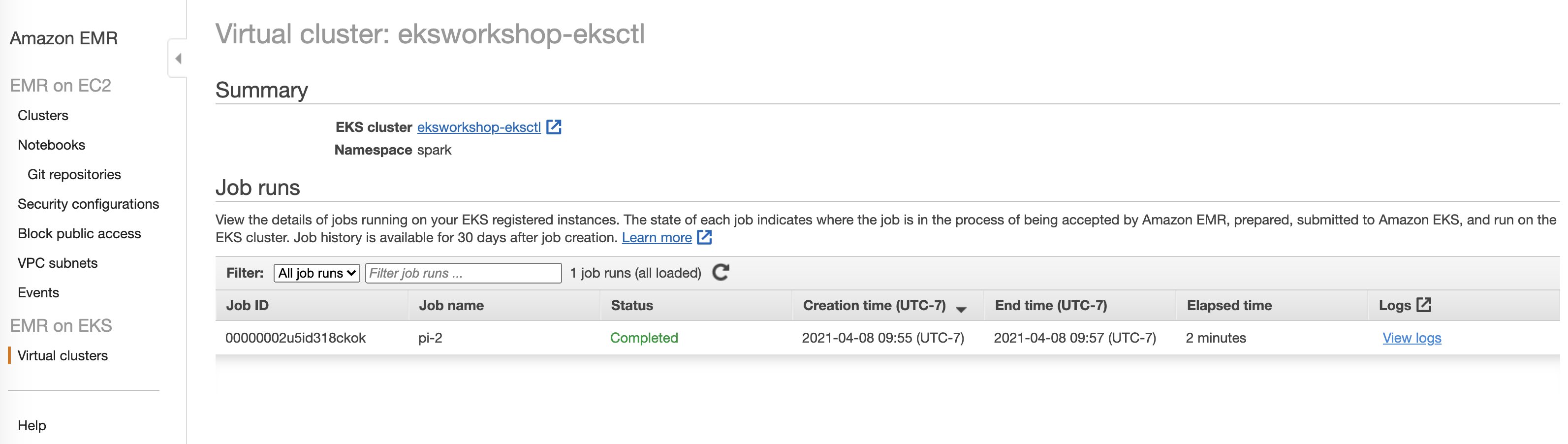 EMR Console of virtual cluster and jobs