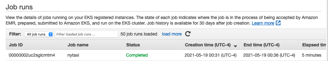 EMR Console of virtual cluster and jobs