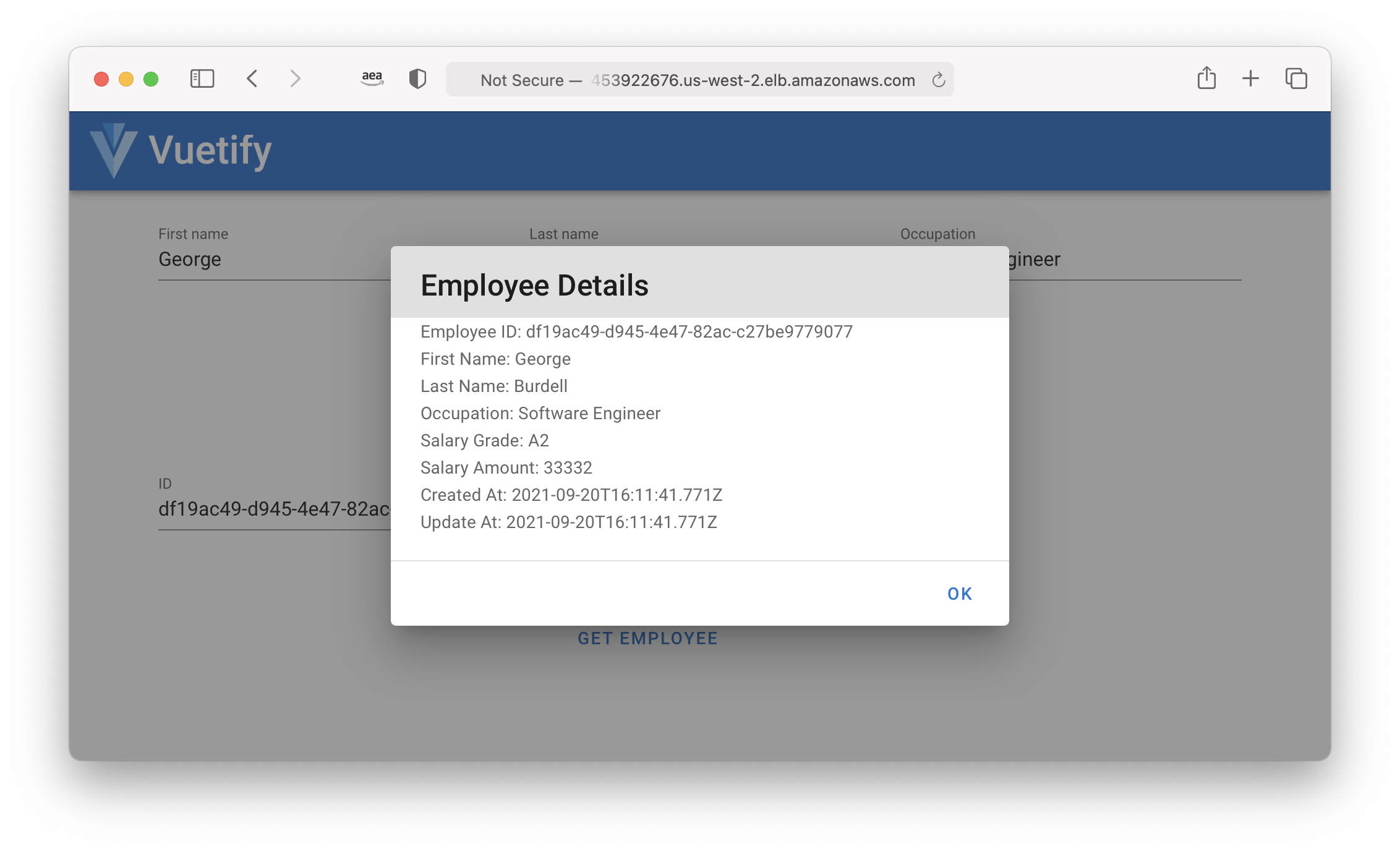 Screenshot of employee lookup success