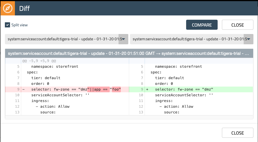 Fig. 3- Diff of policy versions available in the Change log for policy